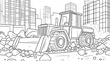 Bulldozer on the job: A detailed line art illustration of a powerful bulldozer at work, navigating a construction site littered with rocks and debris, with modern skyscrapers in the background.
