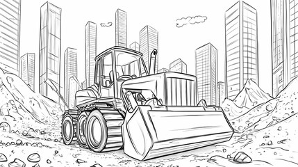 Bulldozer at Construction Site: A robust bulldozer stands ready on a construction site, with the skyline forming a backdrop, the image is in black and white