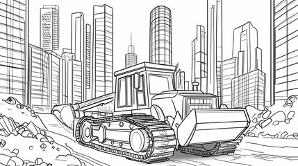 Construction Zone: A detailed line art illustration capturing the raw power of a bulldozer amidst an urban cityscape, symbolizing construction and development.