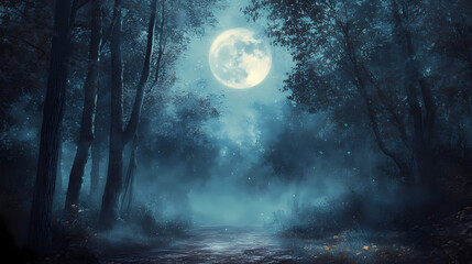 Fototapeta premium Mystical moonlit forest with foggy pathway. Enchanted Moonlit Pathway. Illustration