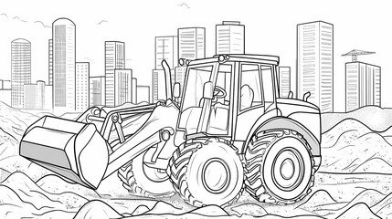 Construction Vehicle in Metropolis: A detailed line drawing depicts a robust construction vehicle, with a city skyline in the backdrop, conveying the concepts of building and urban development.