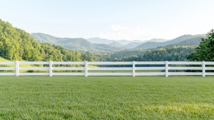 Countryside vista, white fence, green grass, mountains, tranquil scene, for background use