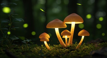 Glowing Mushrooms Forest Night Firefly Light Nature Ultra HD 4K