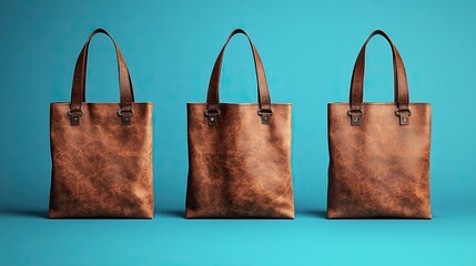 Three leather tote bags lined up on a blue surface