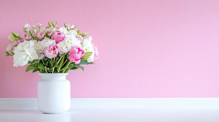 Fototapeta premium Pink tulips, white flowers bouquet, vase, pink wall, home decor