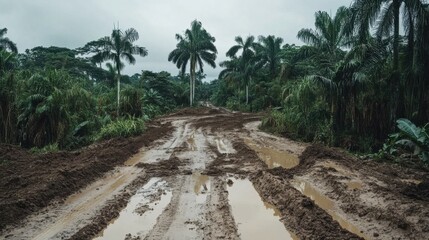 Muddy Road Through Lush Greenery Surrounded by Tall Palm Trees in a Tropical Environment