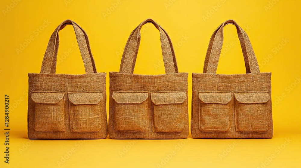Poster Three identical burlap totes are displayed on a vibrant yellow background
