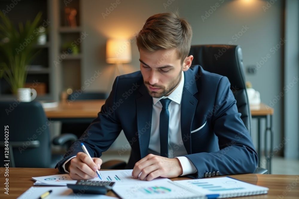 Poster man is sitting at desk with calculator and calculator