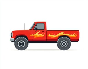 Red Pickup Truck with Flame Decals Pixel Art Illustration