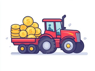 Red Tractor Hauling Gold Coins Pixel Art Illustration