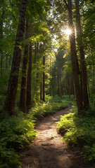 Serene Forest Path: Explore Sunlit Woodland Trails with Greenery and Wildlife