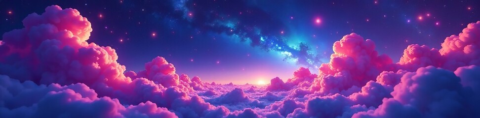 Naklejka premium Vibrant neon clouds in outer space with glittering stars, galaxy, vibrant