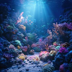 Obraz premium Underwater coral reef scene, vibrant colors, sunlight beams, marine life