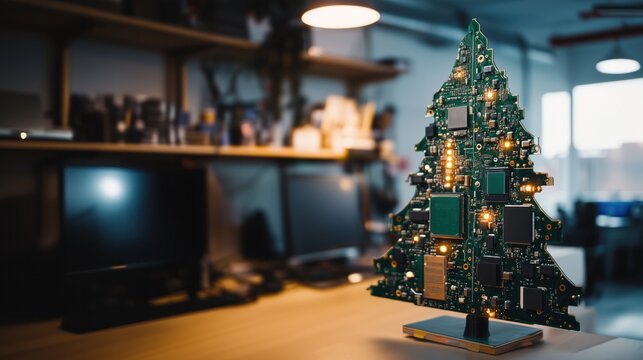 Christmas tree made of circuit board lighting up in an office, copy space - Powered by Adobe