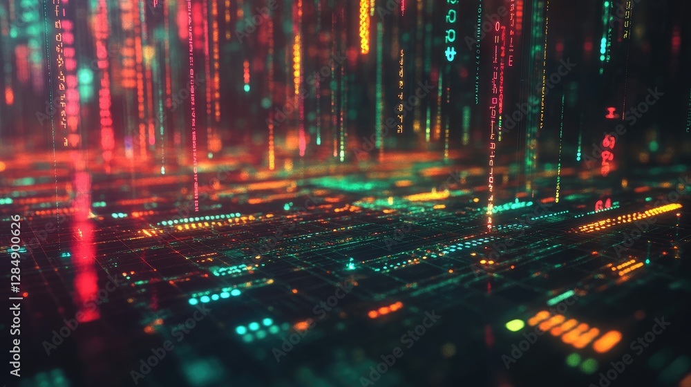 Poster abstract concept of data mining with floating numbers, digital graphs, and futuristic visualization