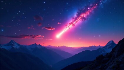 Fototapeta premium Vibrant neowise comet illuminating night sky above mountains, comet, stars