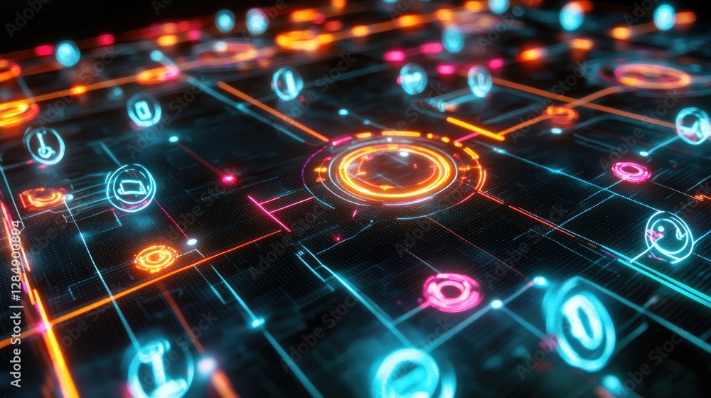 Poster abstract digital collaboration dashboard with glowing teamwork icons and project planning screens