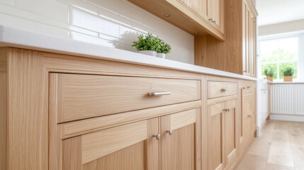 Modern Kitchen Cabinets, Light Wood, White Countertop, Interior Design, Functional