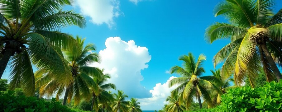 Vibrant palm trees against blue sky, lush greenery, tropical paradise, landscape, palms