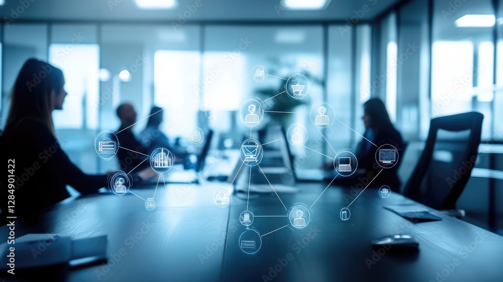 Poster abstract teamwork and collaboration concept with interconnected d icons floating over a meeting spac