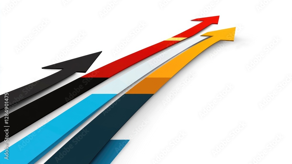 Poster abstract teamwork concept with multiple arrows converging towards a common goal on a white backgroun