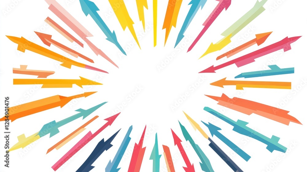 Poster abstract teamwork concept with multiple arrows converging towards a common goal on a white backgroun