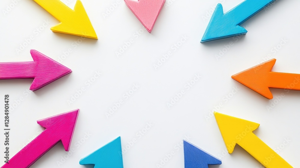 Poster abstract teamwork concept with multiple arrows converging towards a common goal on a white backgroun