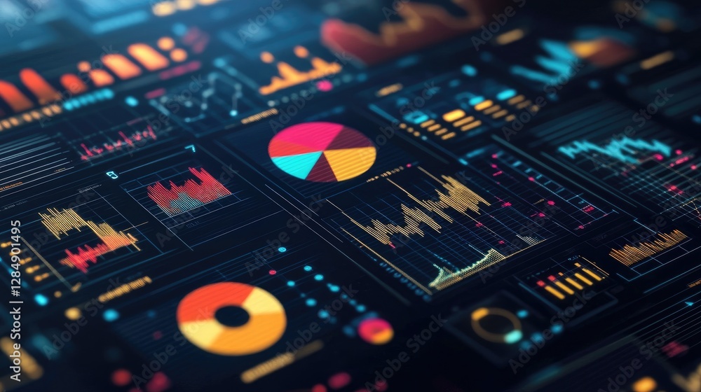 Poster abstract visual of project management with interconnected digital graphs, pie charts, and timelines