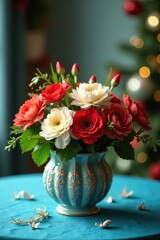 Obraz premium Fresh flowers in a decorative bowl on the blue tablecloth, holiday, centerpiece, festive decor