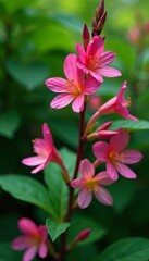Fototapeta premium Vibrant pink bindweed blossoms against green foliage backdrop, blossom, floral, summer