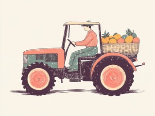 Vintage Tractor Carrying Citrus Fruits A Rustic Farm Illustration