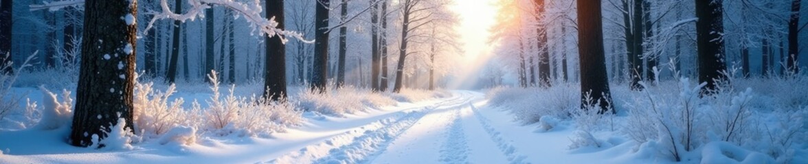 Obraz premium Frost and snow created a serene and peaceful atmosphere in the woods, snow covered, cold weather, frozen landscape