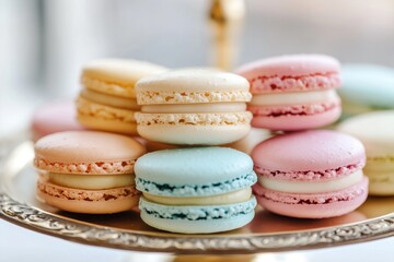 Obraz premium Colorful macarons resting on a golden tray, a sweet treat