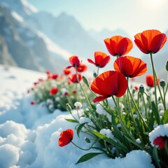 Obraz premium Vibrant red poppies contrasting against white snow in summer, nature, colorful