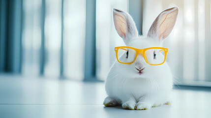 Smart Bunny's Specs: An adorable white bunny donning yellow-rimmed glasses, showcasing a blend of cuteness and intelligence, seated in a bright, inviting setting.