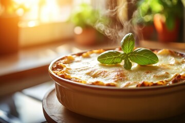 Delicious italian lasagna with basil leaves steaming in a bright kitchen