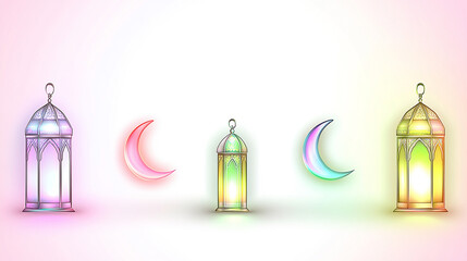 Colorful decorative lanterns and crescent moons arranged artistically against a soft gradient background