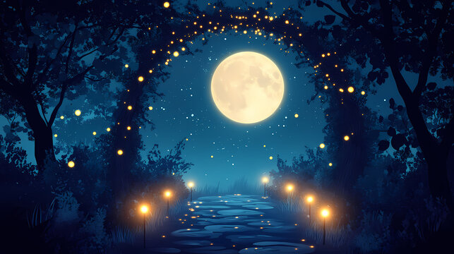 Enchanted forest moonlit archway, glowing lights, fantasy backdrop. Enchanted Moonlit Pathway. Illustration