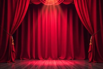 Fototapeta premium Vibrant red velvet stage curtain, spotlight shining through, event, drama, theater, vibrant