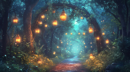 Fototapeta premium Enchanted forest pathway with glowing lanterns and mystical structure. Enchanted Moonlit Pathway. Illustration