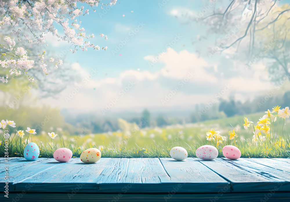 Poster easter eggs on rustic table: capturing the spirit of spring with a row of colorful easter eggs on a 