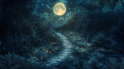 Fototapeta premium Enchanting moonlit forest pathway serene nature digital artwork mystical environment aerial view fantasy concept. Enchanted Moonlit Pathway. Illustration