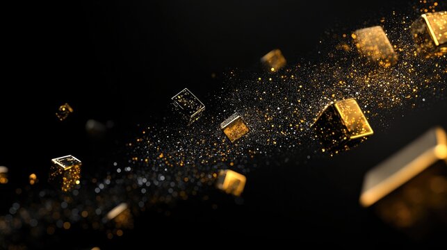 Abstract geometric gold shapes floating in space on a deep black background, creating a futuristic design