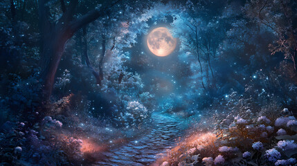 Fototapeta premium Enchanting moonlit pathway through a bioluminescent forest at dusk, digital art of fantasy landscape concept. Enchanted Moonlit Pathway. Illustration