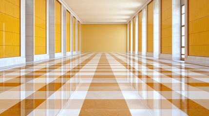 Obraz premium Elegant yellow hallway, checkered floor, sunlight, architecture, interior design