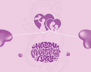 Beautiful Mother's Day illustration featuring heart-shaped silhouettes of a mother with her child, surrounded by purple hearts. Ideal for greeting cards, posters, and social media designs