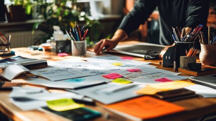 Fototapeta premium Business model creation workspace with concept mapping, revenue streams planning, and value proposition design