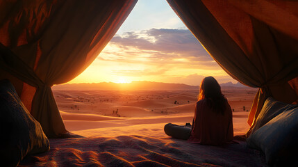 Adventurous Woman Camping in the Sahara Desert