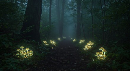 Fototapeta premium Glowing Mushrooms Forest Path Mysterious Fog 4K