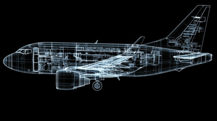 Obraz premium Futuristic transparent x-ray view of a modern airplane design, showcasing complex tech details, engine, and wing structure. Symbolizes advanced engineering and innovative aviation concepts.